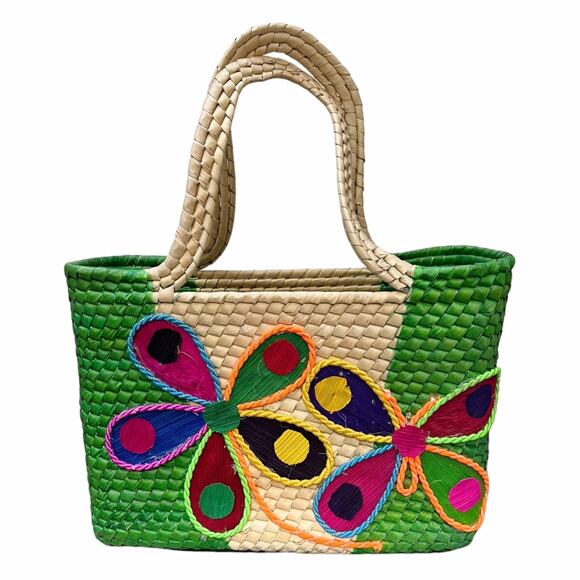 Mexican Natural Weaved Straw Tote Bag HANDMADE Zipper Green Floral Palm Small - Picture 1 of 6